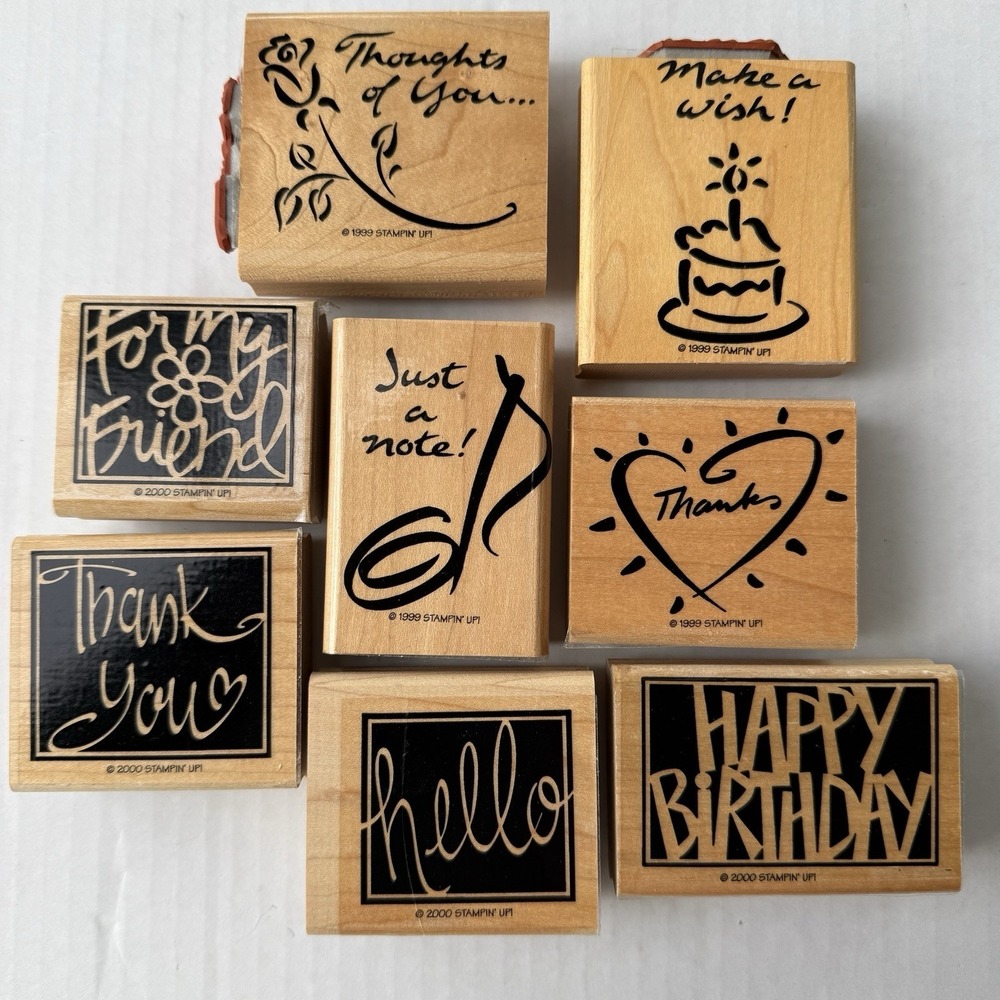 Vintage '99-00 STAMPIN UP Notes Bday Thanks Friend 8 Wood Mounted Rubber Stamps